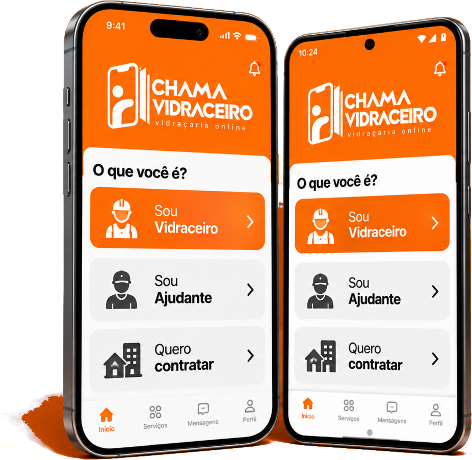 Dois celulares exibindo o aplicativo Chama Vidraceiro, com as opções Sou Vidraceiro, Sou Ajudante e Quero contratar.