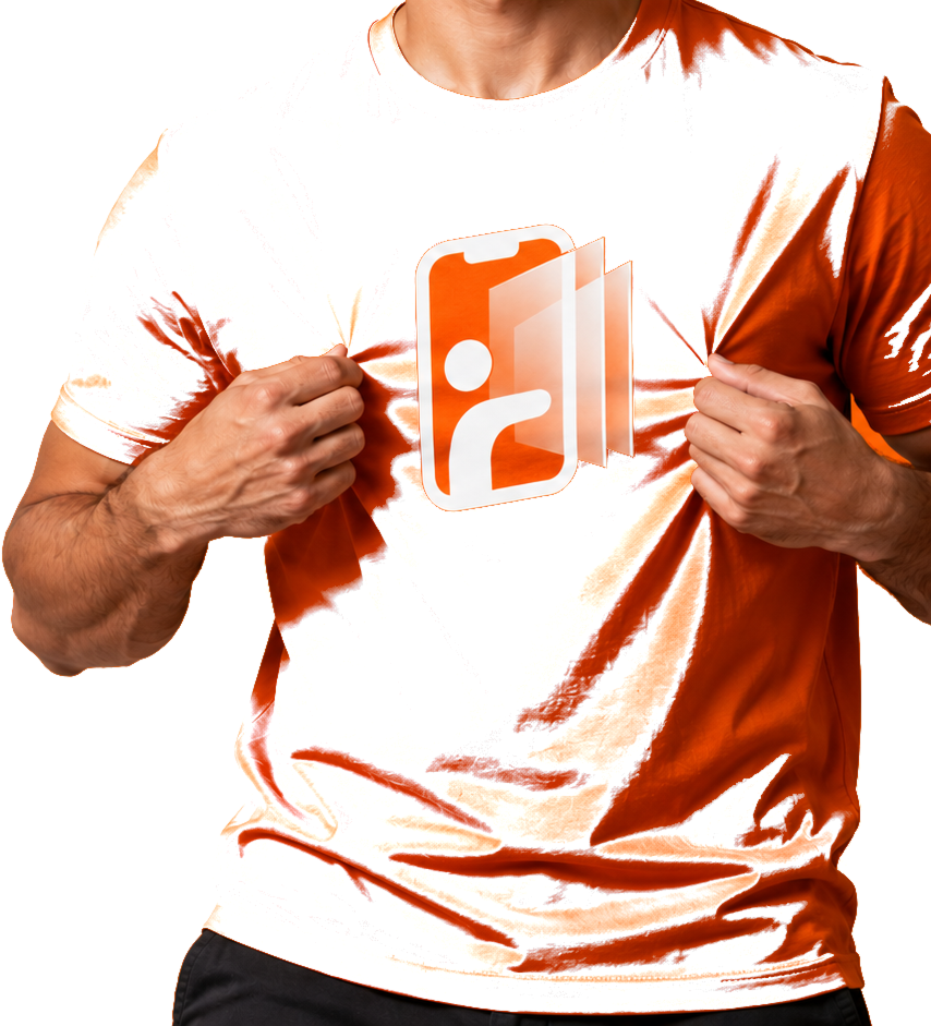 Homem vestindo a camiseta laranja com o símbolo do Chama Vidraceiro.