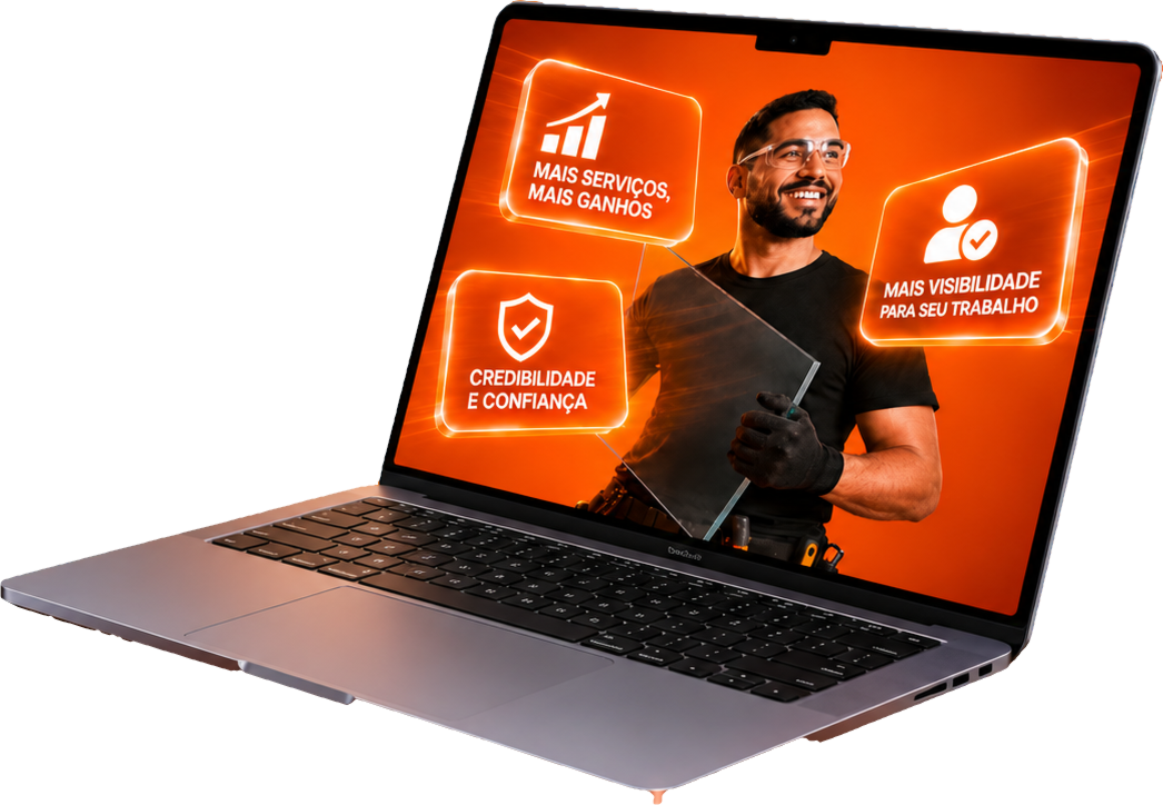 Notebook exibindo a plataforma Chama Vidraceiro: mais serviços e mais ganhos, mais visibilidade para seu trabalho, credibilidade e confiança.