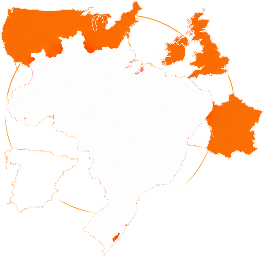 Mapa do Brasil em destaque sobre o contorno de outros países, representando a cobertura nacional do Chama Vidraceiro.