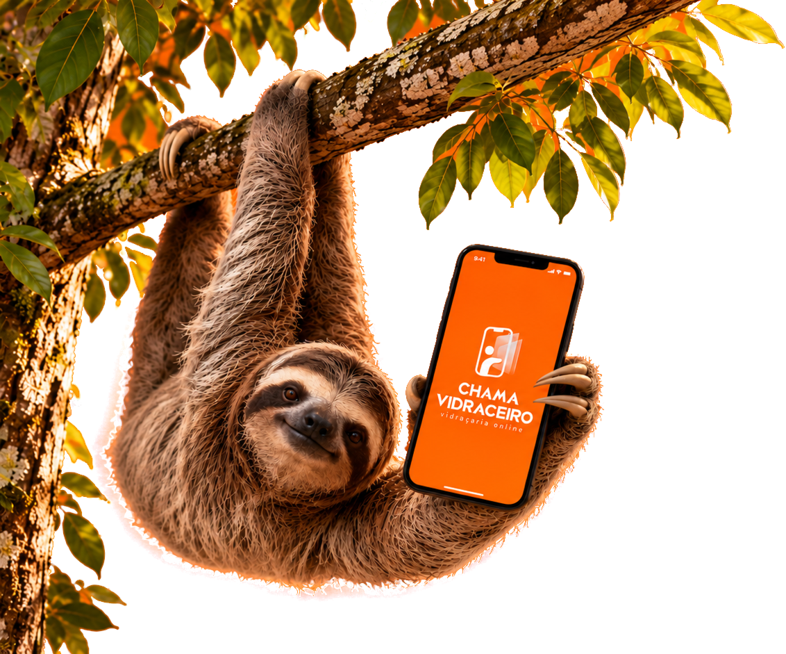 Preguiça pendurada em um galho segurando um celular com o aplicativo Chama Vidraceiro aberto.